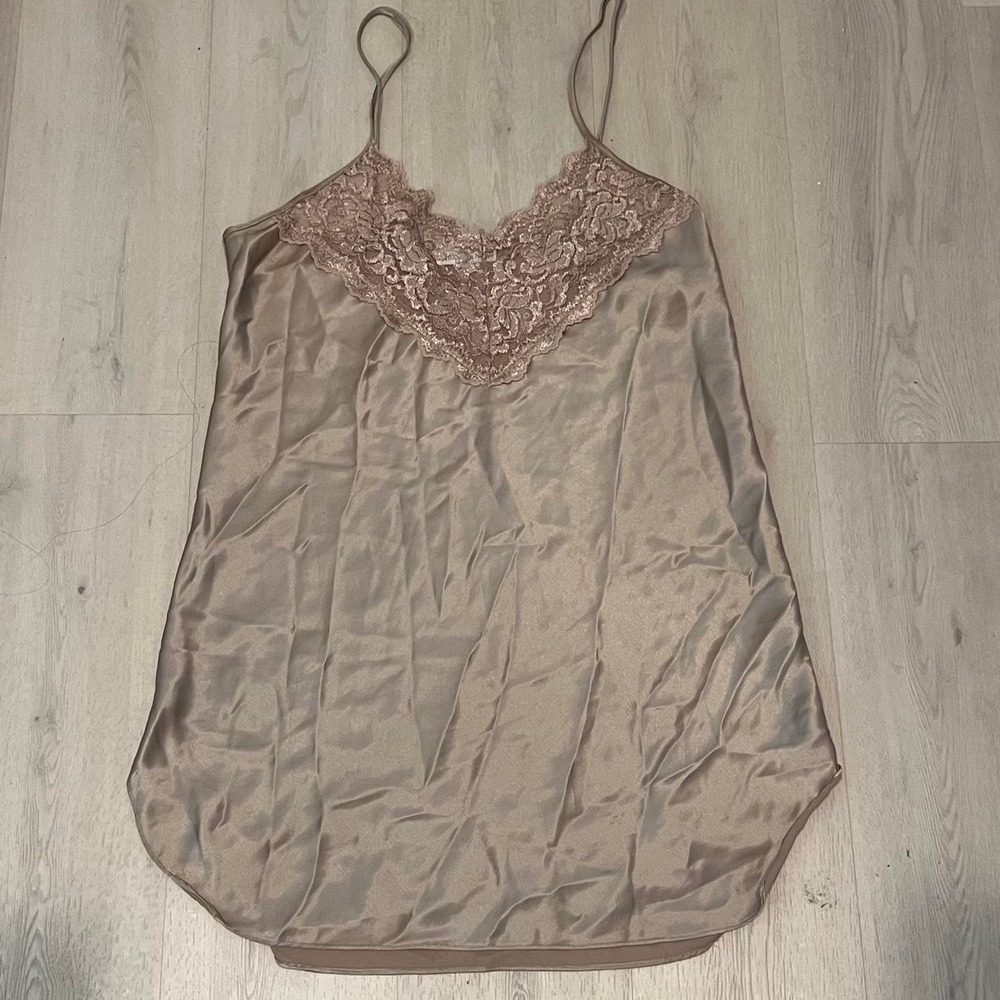 Alexandra Nicole gold/beige satin slip dress lace trim LARGE lingerie silky y2k